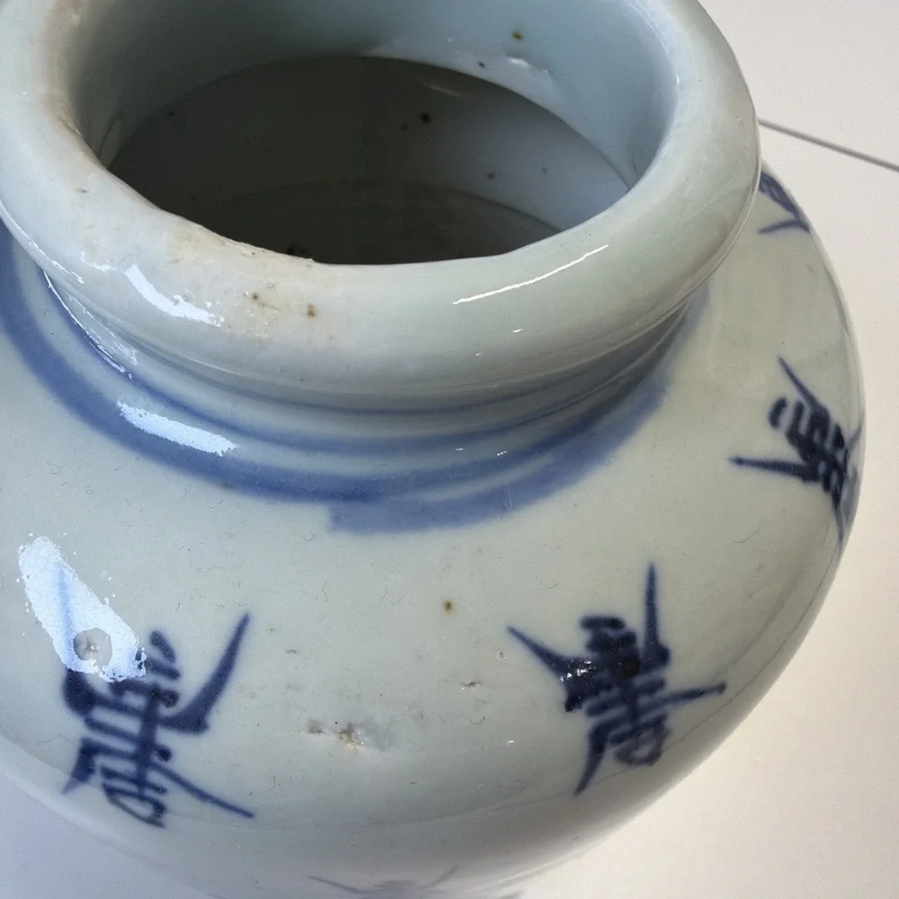 Vintage Blue and White Longevity Asian Porcelain Vase 8
